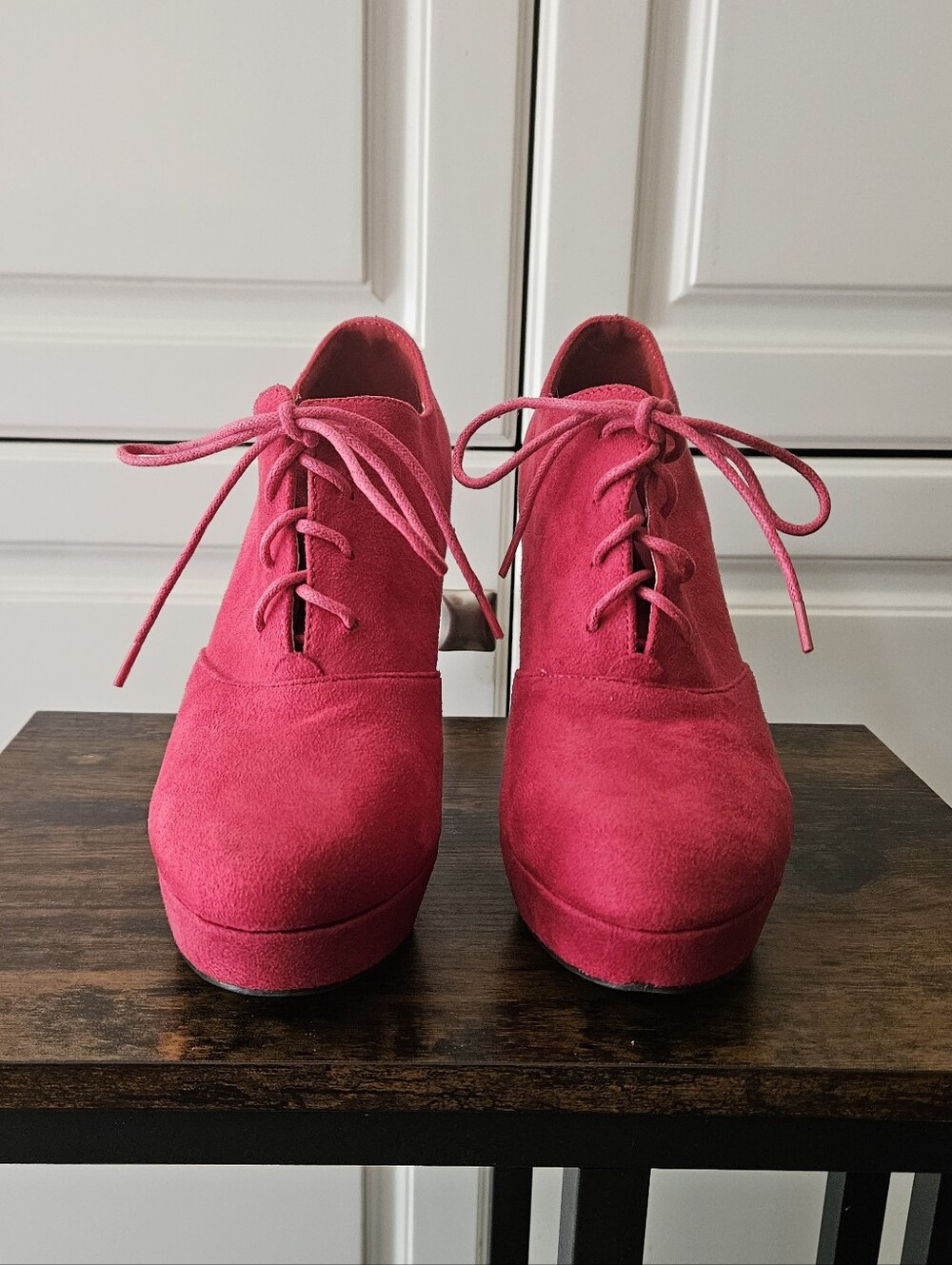 Y2k Alt Bratz Hot Pink Faux Suede Lace-Up Platform Heeled Oxford Festival Rave - Picture 2 of 6